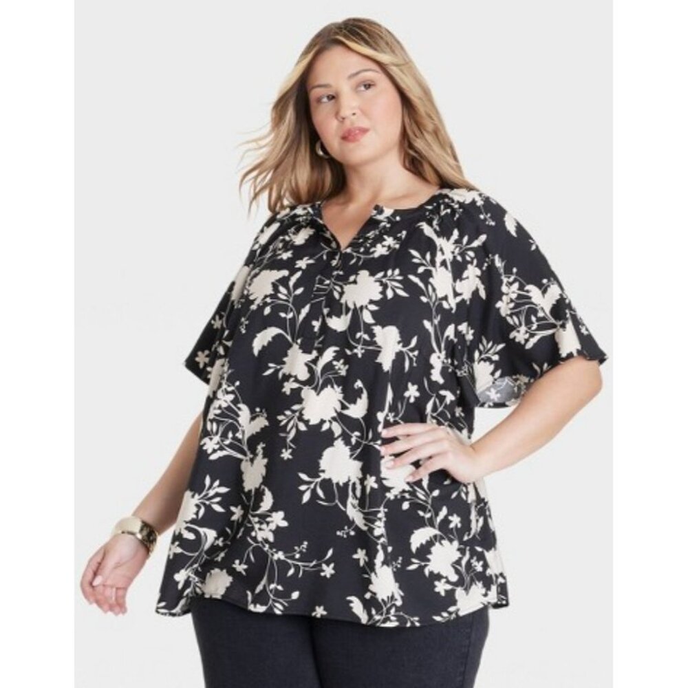 Ava & Viv Black Cream‎ Floral Short Sleeve Popover Blouse Top XXL NWT